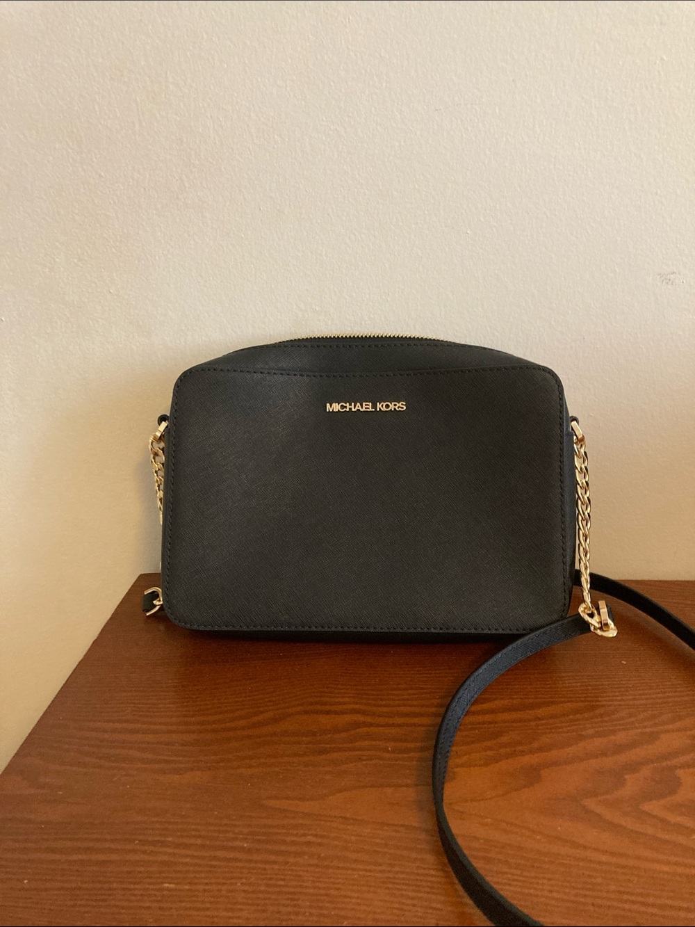 Michael Kors Black Saffiano Leather Crossbody with Gold Chain Strap